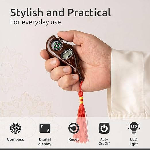 Digital Zikr Counter with Qibla Finder & Prayer Beads – Portable Finger Tasbeeh for Namaz, Japa & Meditation (Random Color)